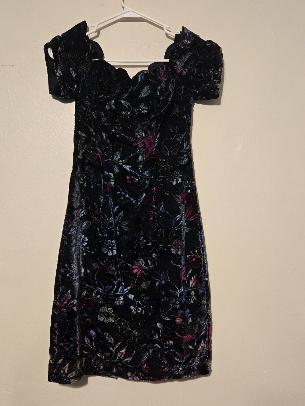 Vintage 80s 90s Steppin Out Floral Velvet Off Shoulder Dress Sz 9